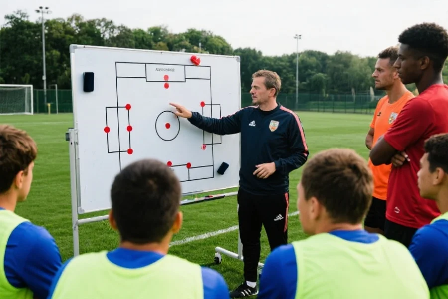 一位足球教练在战术板前为球员们讲解战术，球员们认真聆听