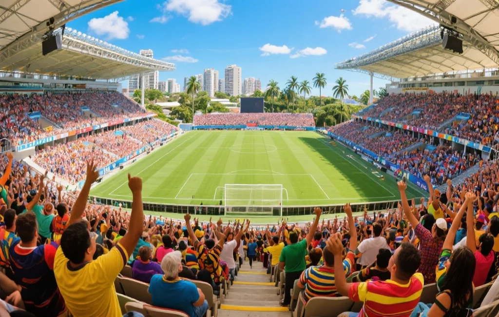 一座位于热带城市、看台环绕、观众身着多彩服饰欢呼的巨大足球场，阳光明媚，气氛热烈