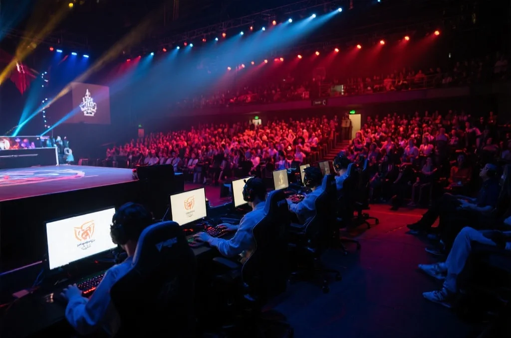 电竞比赛现场，选手们专注操作电脑屏幕，观众席座无虚席，灯光炫目，氛围紧张